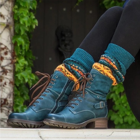 Taos Crave lace up leather combat boots side zip buckle detail teal size 8-8.5 - Picture 2 of 14